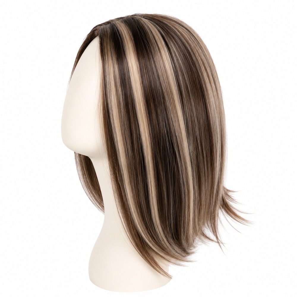 Straight Bob Brown Blonde Wig Highlights Synthetic Hairpiece Open Weft Cap